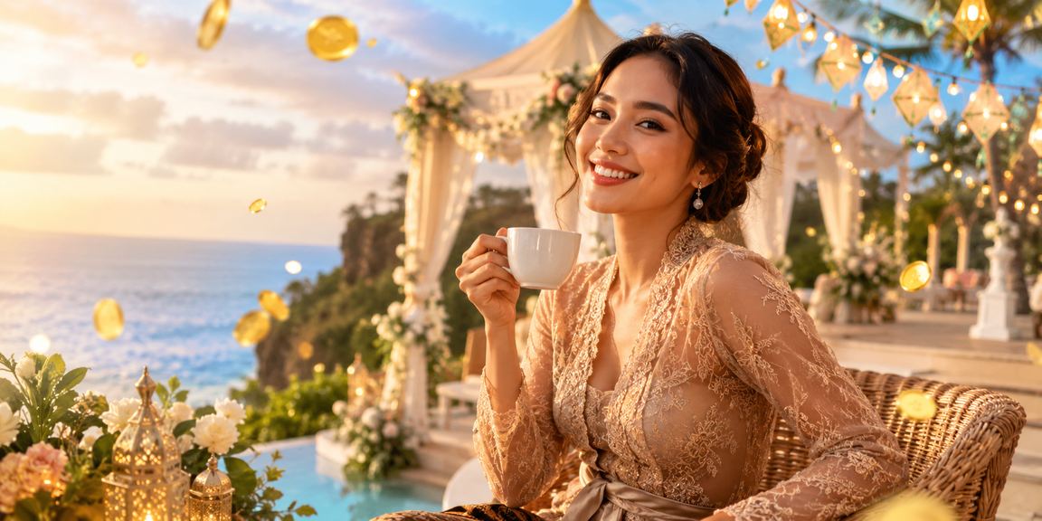 Model perempuan Vietnam menikmati kopi di tepi pantai dengan nuansa kasino